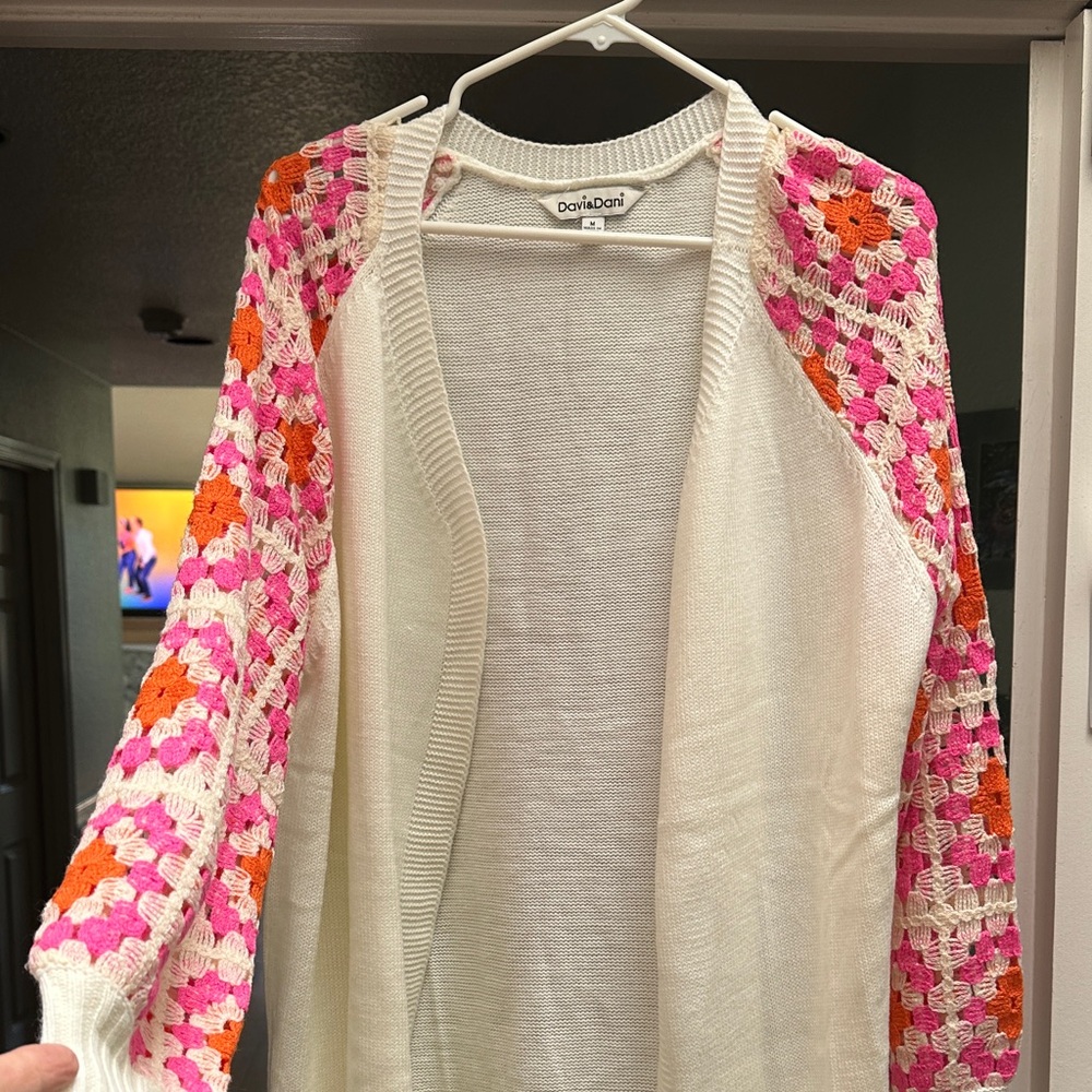 DAVI & DANI Cream Cardigan with Pink and Orange Crochet Sleeves